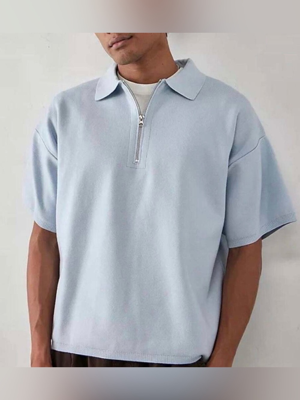 Standard Cloth Kirk Knit Boxy 1/4 Zip Short Sleeve Polo Shirt - Powder Blue
